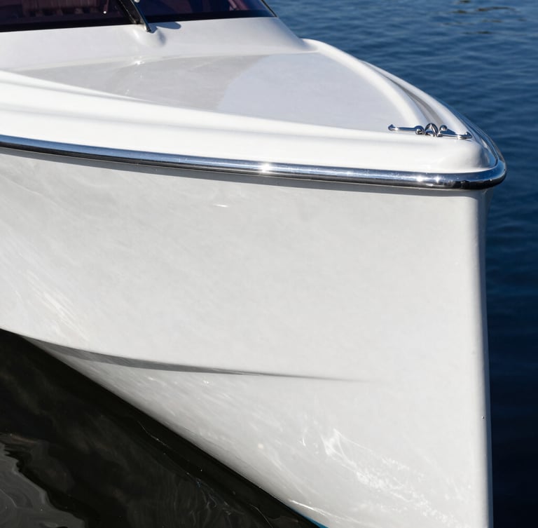Extreme close-up of a gleaming white fiberglass hull reflecting deep blue lake water under bright midday sun, water-beading on a freshly coated ceramic surface, 35mm marine photography.