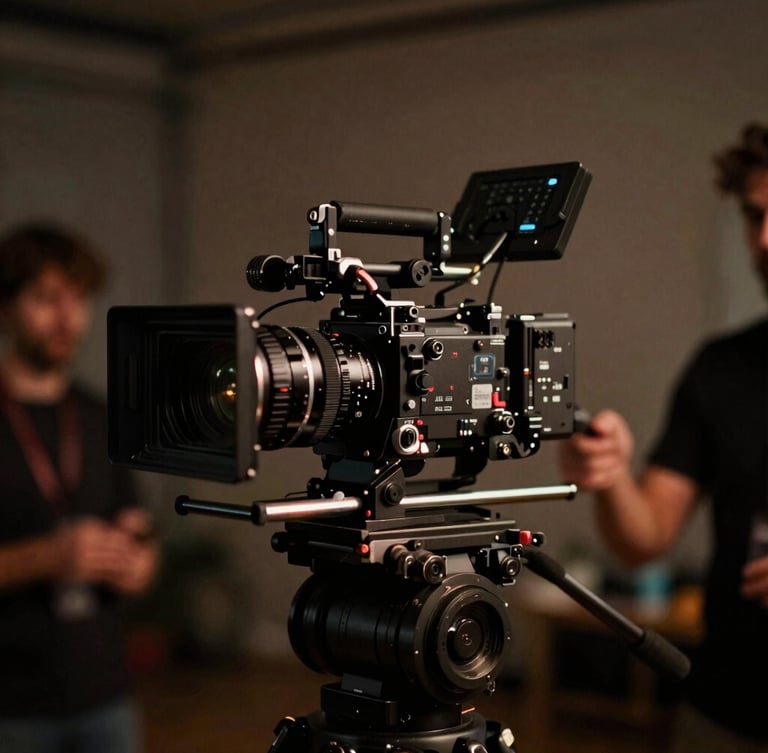 Behind-the-scenes shot of a high-end camera rig on a fast-paced production set, dramatic low-key lighting, rich moody tones, 35mm grain