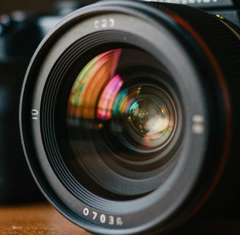 Extreme close-up of a high-end camera lens reflecting vibrant neon studio lights, cinematic film photography, 35mm grain, high contrast