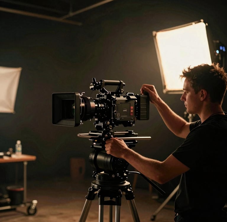 Behind-the-scenes of a high-end commercial shoot, camera operator adjusting a large rig, low-key dramatic lighting with warm practicals, cinematic atmosphere