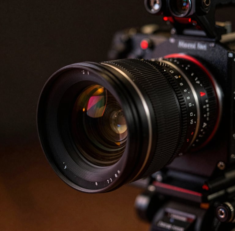 Cinematic film photography, close-up of a high-end anamorphic camera lens on a dark production set, dramatic low-key lighting with red practical accents, shallow depth of field, 35mm grain