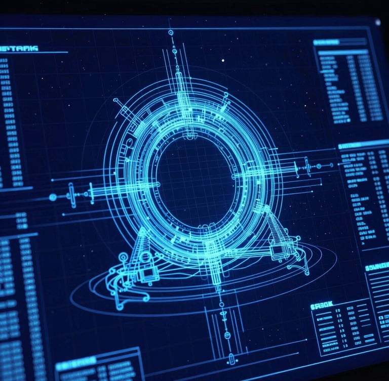 Stark technical schematic blueprint of an inter-dimensional gateway, cold cyan vector lines on deep space-blue background, high-contrast terminal display style, sharp technical details
