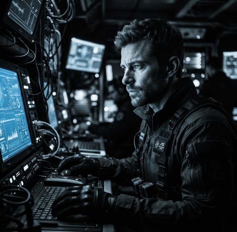 Monochrome portrait of a high-clearance operative in a sterile command environment, cold blue terminal light reflecting on face, sharp technical details, 35mm