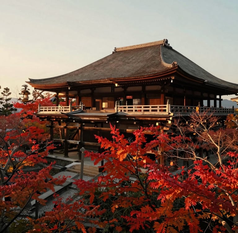 Wide-angle landscape of a serene Kyoto temple surrounded by autumn foliage, soft golden daylight, cinematic composition