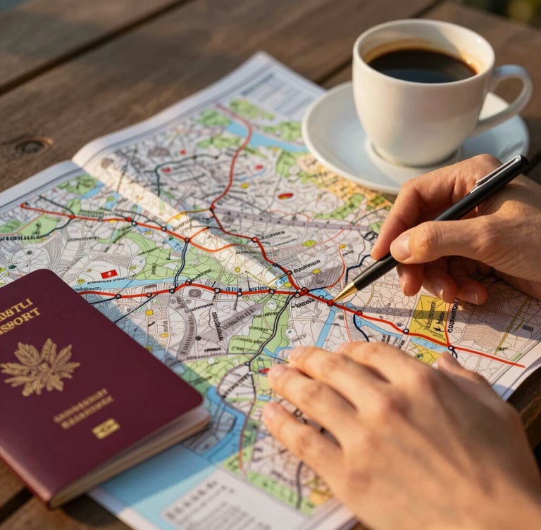 Close-up of hands planning a route on a physical map next to a passport and a cup of coffee, warm golden-hour light