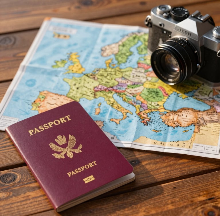 Close-up editorial photo of travel essentials on a wooden table: a passport, a vintage camera, and a hand-drawn map of Europe, warm golden hour lighting