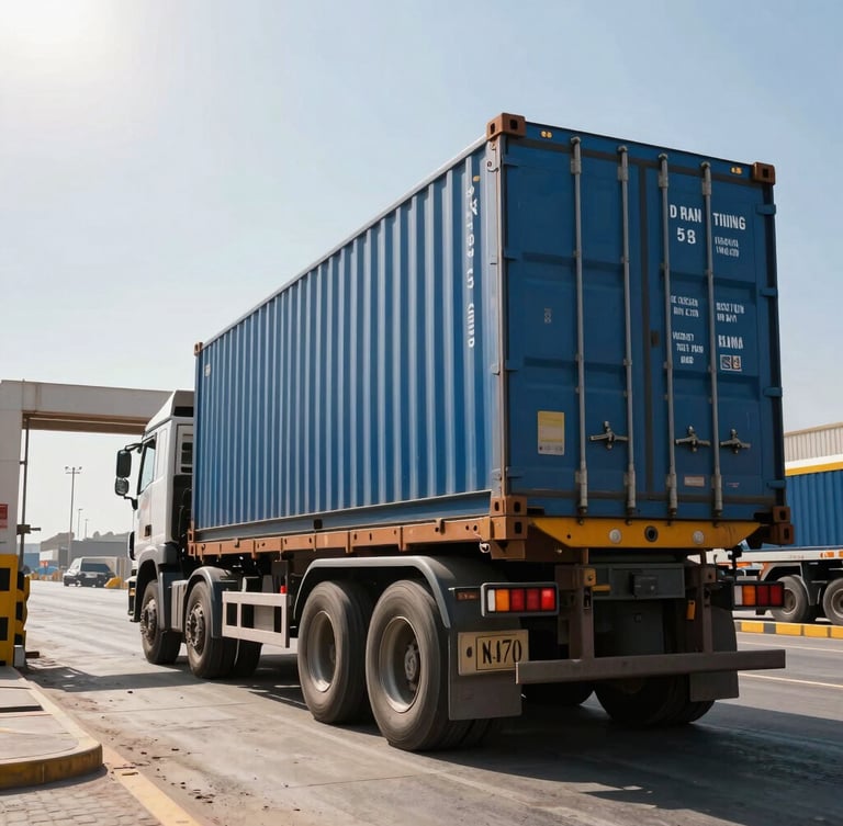 A low-angle dramatic daytime shot of a heavy-duty transport flatbed truck loaded with a large blue shipping container, departing the Damietta Port security gate. Bright Mediterranean sunlight, high contrast, industrial power.