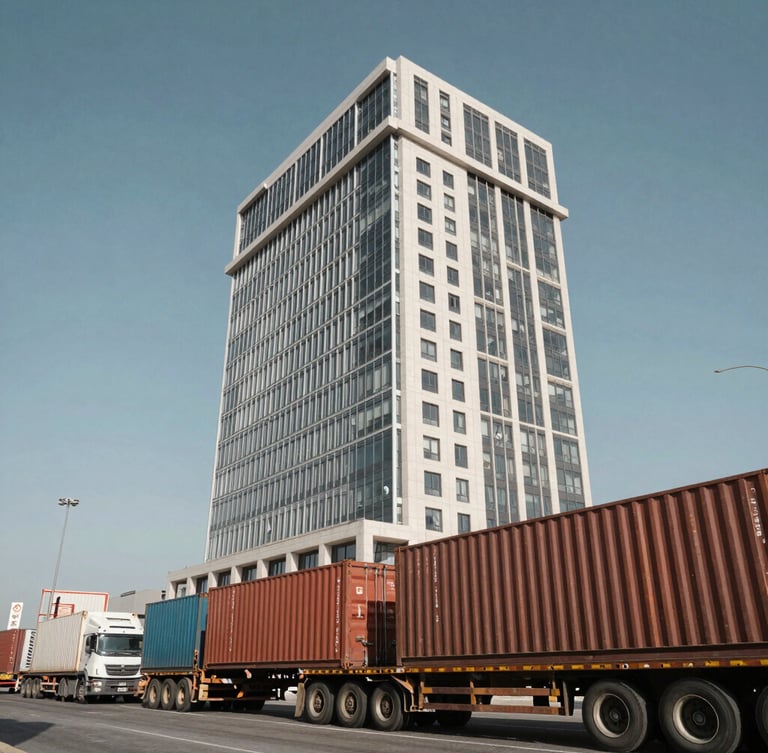 Low-angle wide cinematic shot of the modern Investment Building at Damietta Port under bright Mediterranean daylight, heavy cargo containers and flatbed trucks visible in the foreground