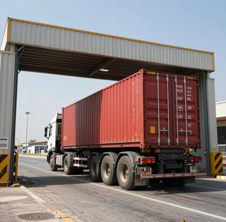 A heavy-duty flatbed truck loaded with a red shipping container, captured from a low angle as it drives through the main gate of Damietta Port in bright daylight.