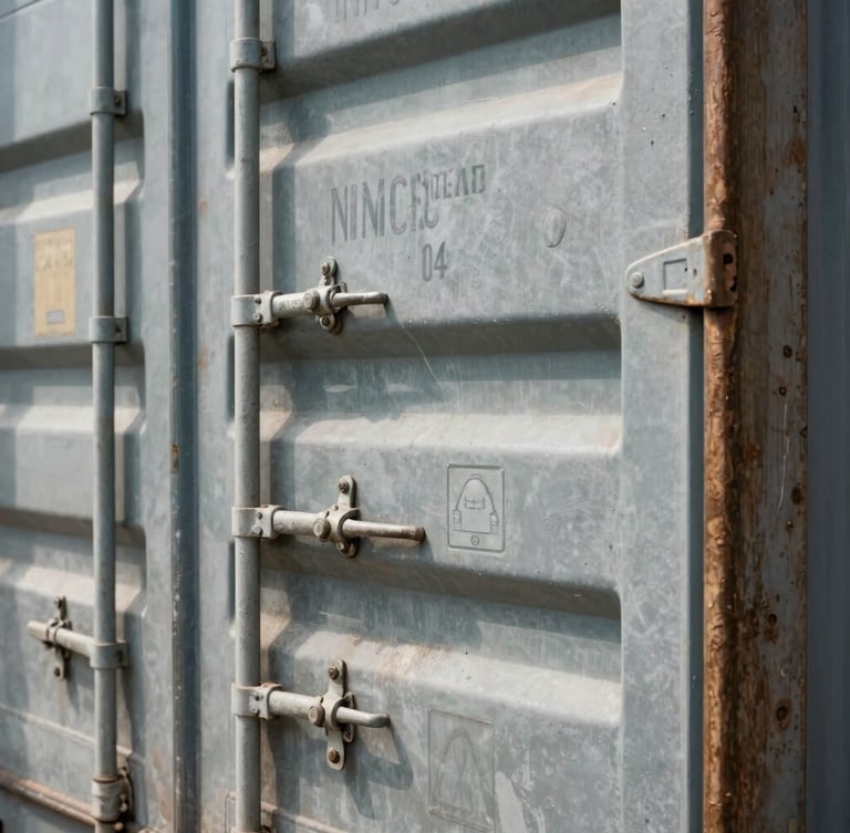 Close-up of a heavy steel container lock and customs seal on a shipping container at Damietta Port, bright daylight, industrial details