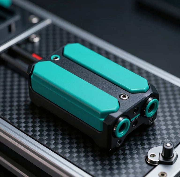 Close-up of a high-performance drone battery pack on a carbon-fiber testing rig, cool high-contrast industrial lighting, sharp teal highlights
