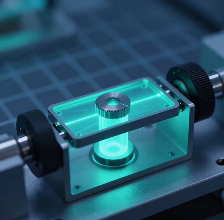 Macro photograph of an experimental electrochemical cell in a cleanroom, cool blue and electric teal laser highlights, sharp technical grid in background