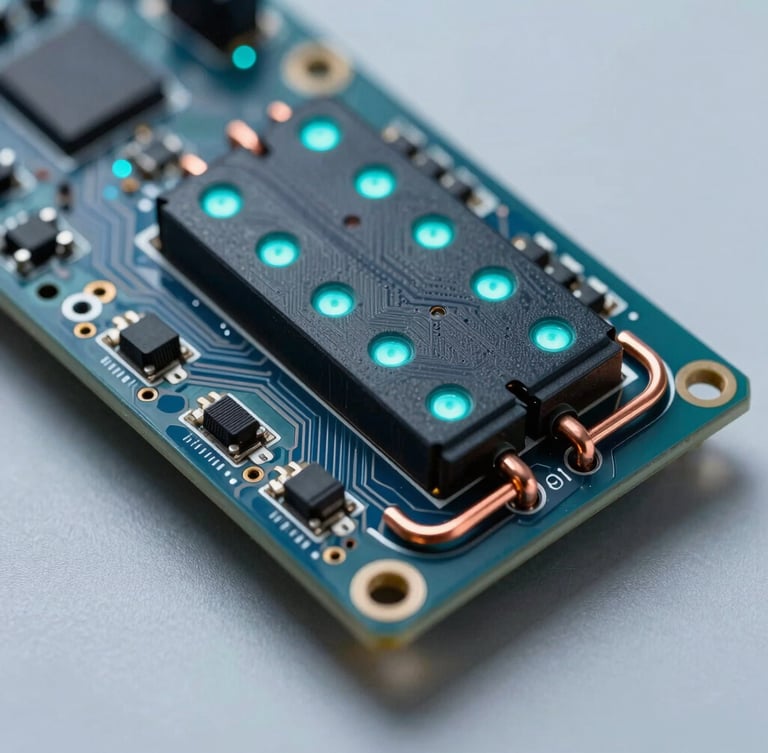 Macro shot of a custom battery management system circuit board, high-discharge copper busbars, cool teal indicator LEDs, crisp industrial studio lighting.