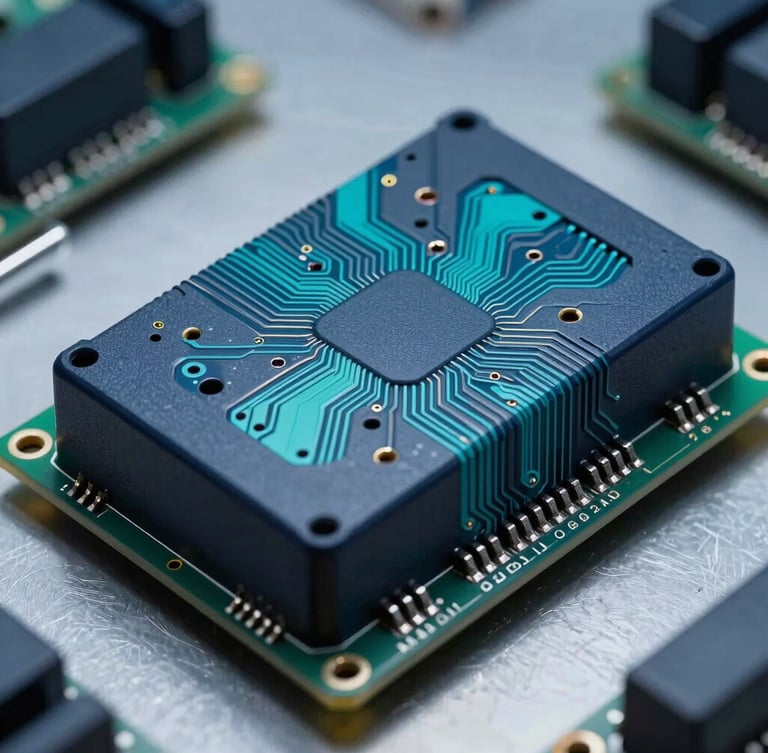 Macro shot of custom BMS circuit board with electric teal copper traces, high-contrast industrial lighting, cleanroom background