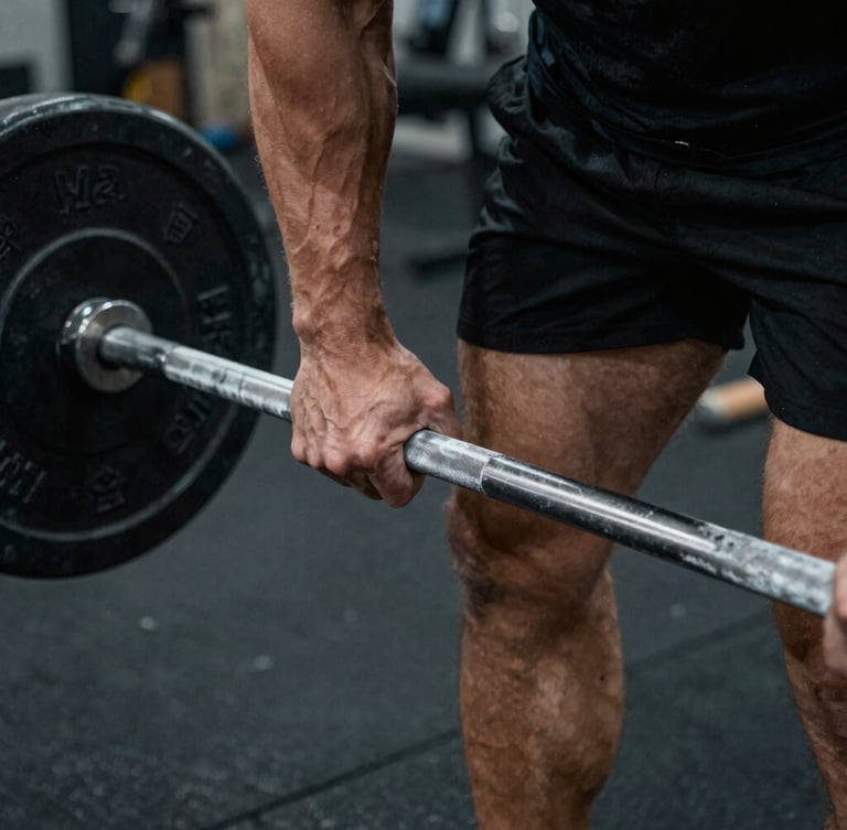 Dynamic close-up of a male athlete's hands gripping a chalked barbell in a high-contrast, cool-toned gym setting.