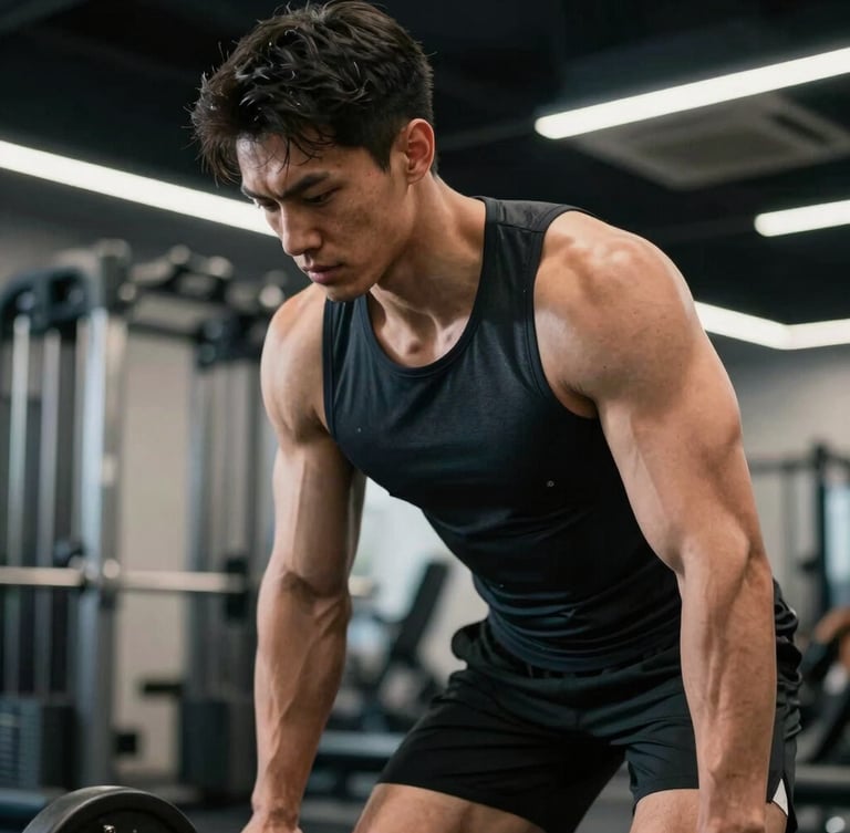 Male fitness creator in high-performance athletic wear training in a cool-toned modern gym, high-contrast studio lighting, dynamic close-up