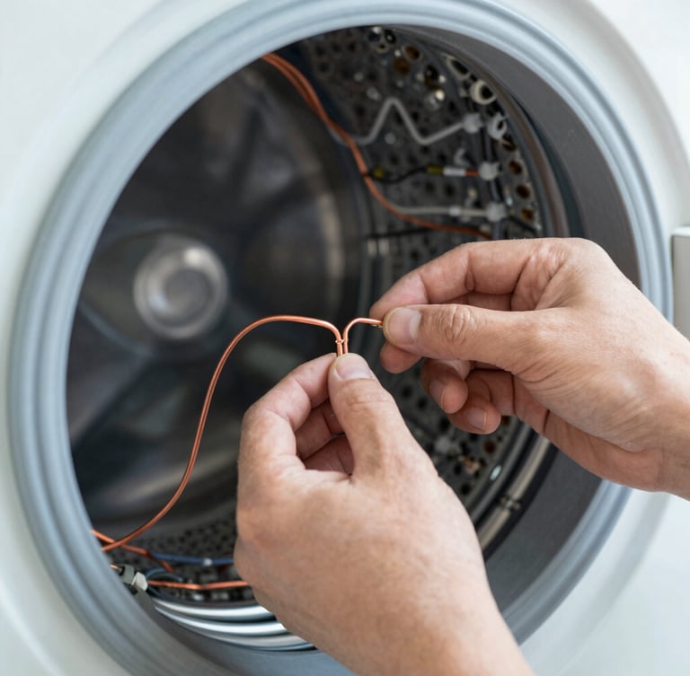 Close-up of technical hands repairing copper wiring inside a washing machine control panel, bright utility lighting, sharp focus, 50mm lens.