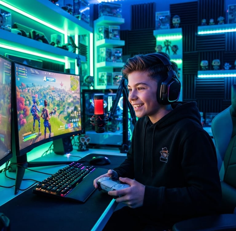 A vibrant portrait of 12-year-old YouTuber SlothyGoated, sharp gaming setup background, neon green LED ambient light, high-contrast digital photography, real face photo from https://share.google/SiePaCE9Od7Hegpu5