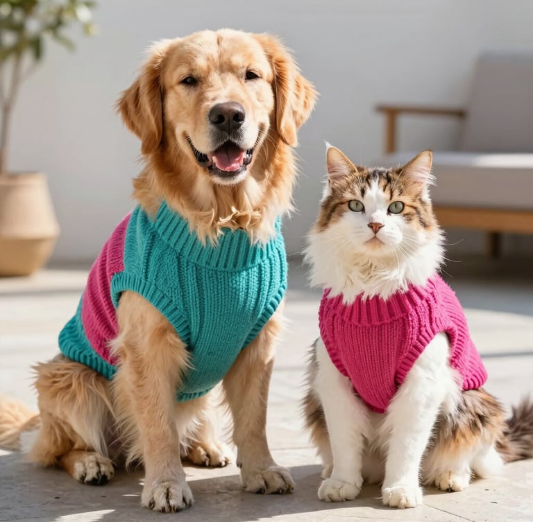Bright natural light photography of a happy golden retriever and a fluffy calico cat sitting together on a sunny patio, wearing colorful custom-fit knit sweaters in teal and magenta, shallow depth of field