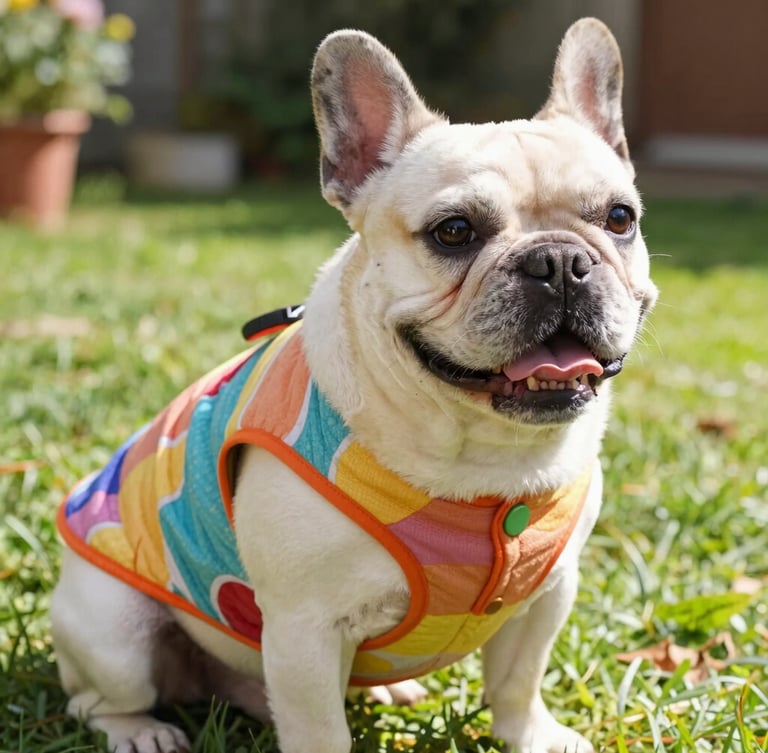 Close-up portrait of a cheerful French Bulldog wearing a colorful handcrafted vest, sitting in a sun-drenched grassy garden, bright natural daylight, showing the fine texture of the fabric.