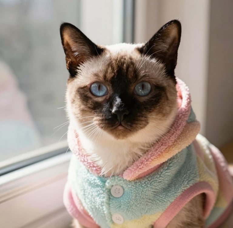 Close-up portrait of a calm Siamese cat wearing a soft pastel-colored custom fleece hoodie, resting near a sunlit window, warm tones, shallow depth of field.
