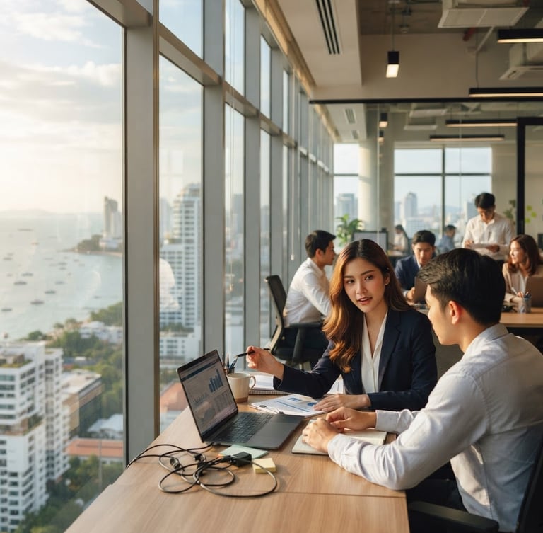 Bright natural daylight on a modern high-rise corporate office in Pattaya, structured glass facade, soft golden-hour undertones, 35mm lens, shallow depth of field.