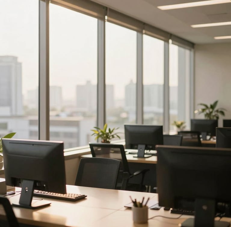 A bright, modern corporate office in Thailand, professional administrative setting, warm golden-hour light filtering through large windows, 35mm lens