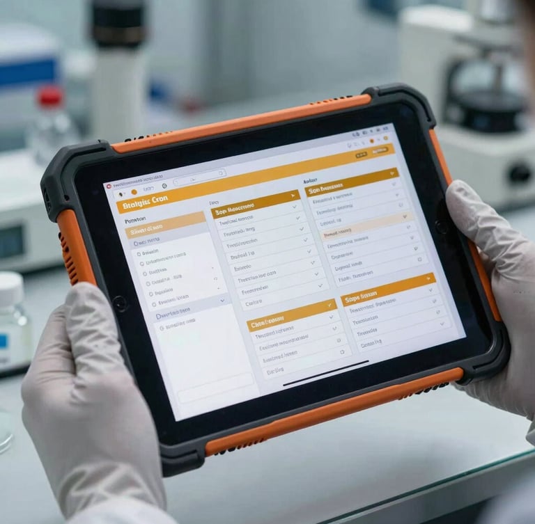 A close-up of a ruggedized industrial tablet displaying structured SOP interfaces with amber highlights, held by a gloved hand in a cleanroom biotech logistics setup.