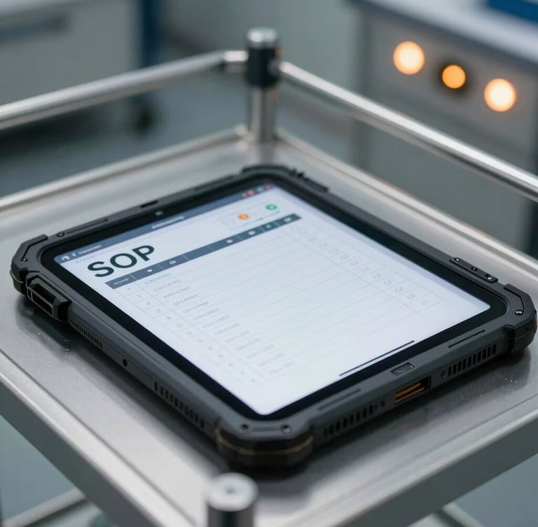 A close-up of a ruggedized industrial tablet displaying a structured SOP checklist, resting on a cleanroom metal cart, soft amber LED indicator lights in the background.