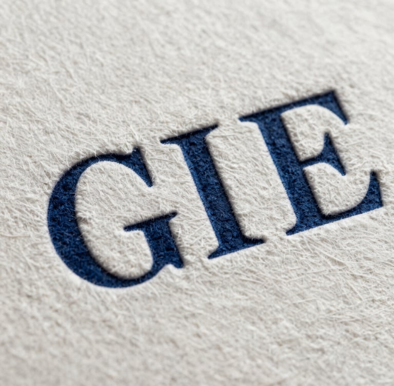Extreme close-up of heavy-weight cotton paper debossed with clean serif typography, deep indigo ink visible in the grooves.