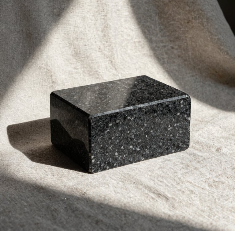 Hard natural light casting sharp diagonal shadows across a textured raw linen canvas and a block of dark Wyoming granite.