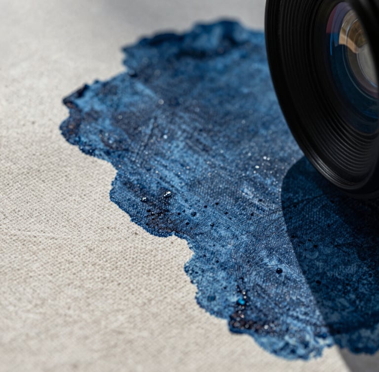 Extreme close-up of textured raw linen paper with deep indigo ink impressions, hard side-lighting casting long dramatic shadows.