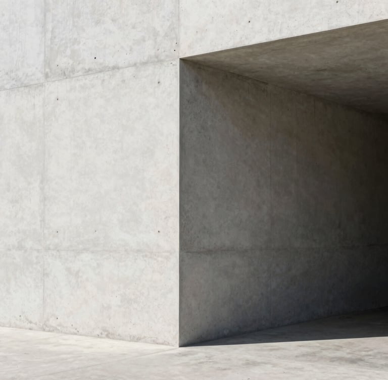 A minimalist concrete architectural corner with a dramatic, sharp shadow cast by brilliant sunlight, clean lines, empty space.