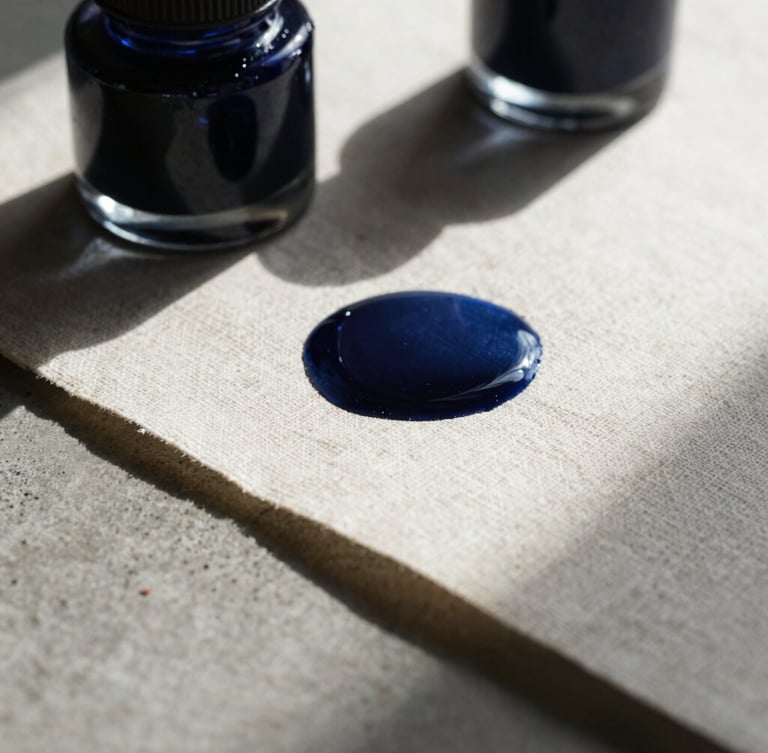 Extreme close-up macro shot of textured raw linen paper and deep indigo ink wells on a concrete table, dramatic hard natural light casting long sharp shadows.