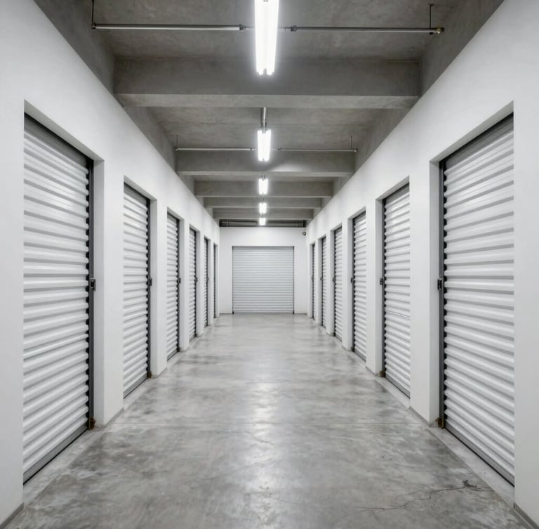 Symmetrical wide-angle architectural photograph of a spotless, brightly lit self-storage warehouse corridor in Dubai, white overhead facility lighting, clean concrete floors, secure metal roller doors.