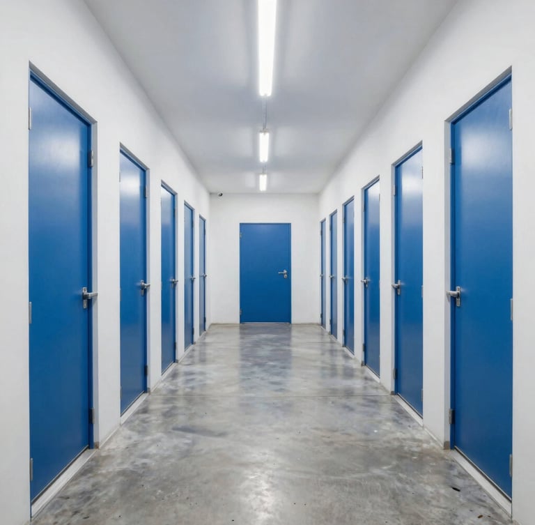 Wide-angle architectural photography of a spotless, brightly lit self-storage corridor with polished concrete floors and symmetrical blue doors under clean white LED lighting.