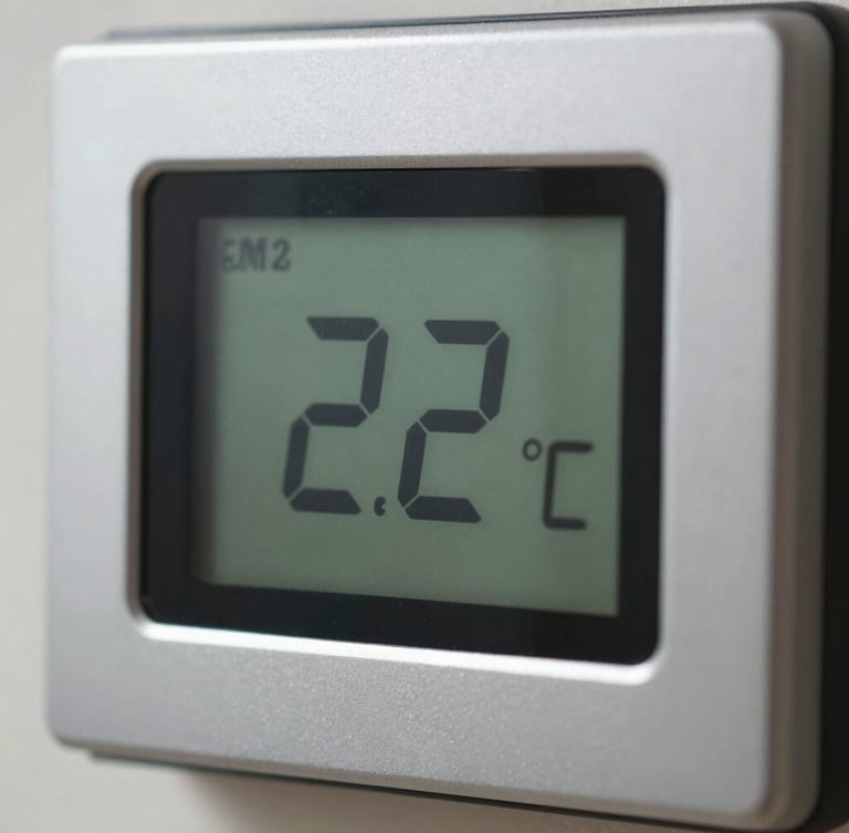 Macro close-up of a digital climate control interface showing a steady 22 degrees Celsius reading, clean metallic housing, and sharp focus.