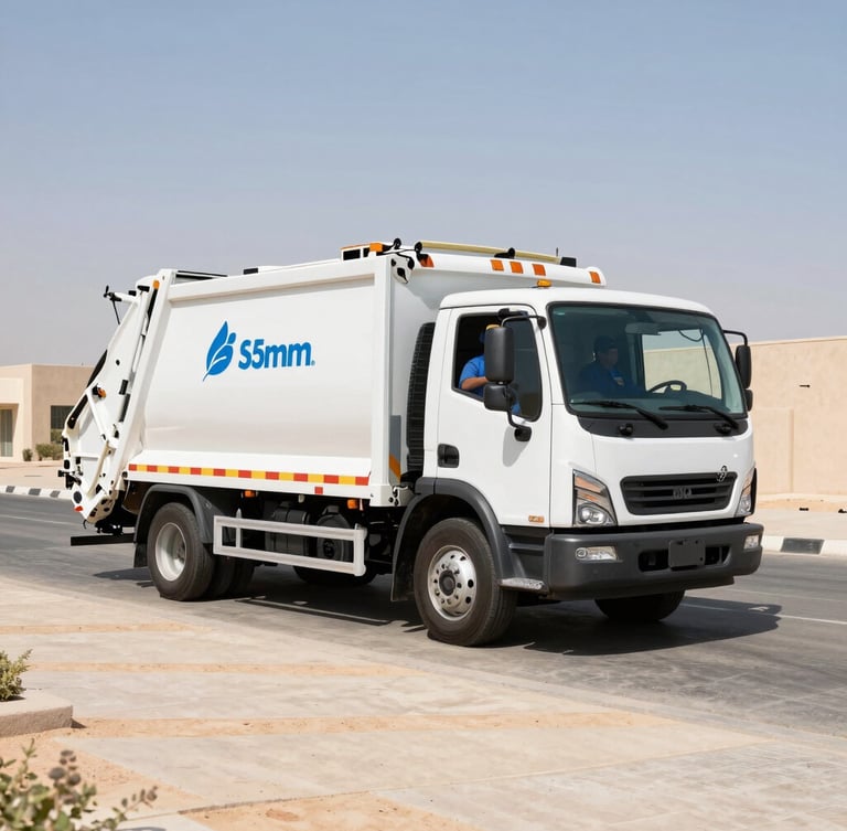 A clean, branded rubbish removal truck parked on a pristine Arabian Ranches driveway, bright desert daylight, sharp focus, 35mm