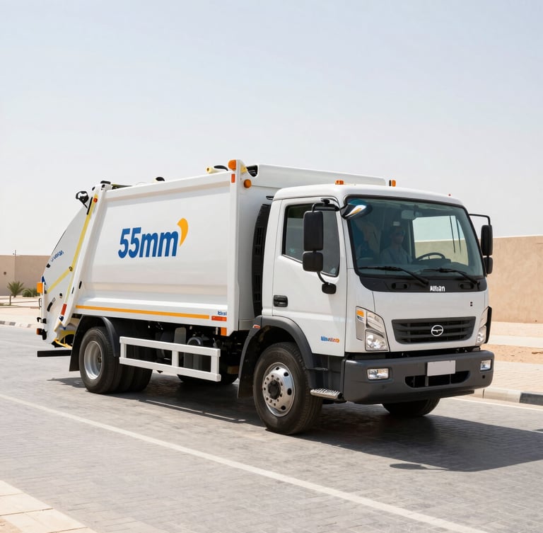 A clean branded waste removal truck parked on a pristine paved driveway in Arabian Ranches under bright high-contrast desert daylight, 35mm commercial photography