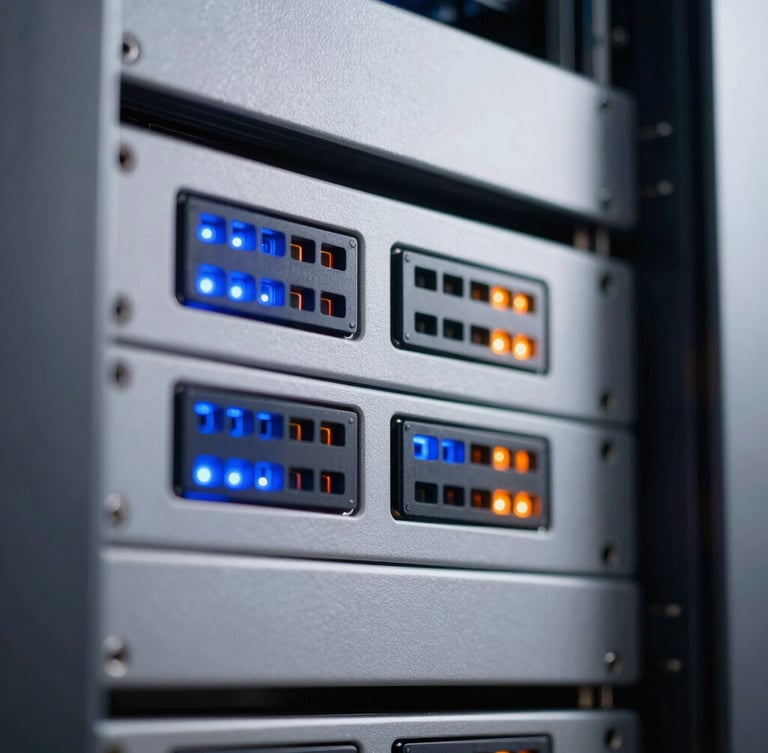 Close-up macro shot of clean server racks with glowing electric blue and vibrant orange indicator lights, sharp architectural lines, minimalist composition, 35mm lens
