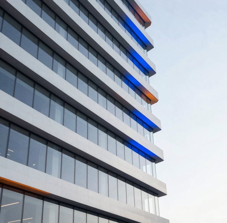 Architectural lines of a modern tech office building, high-key light with sharp electric blue gel accents, 35mm lens.