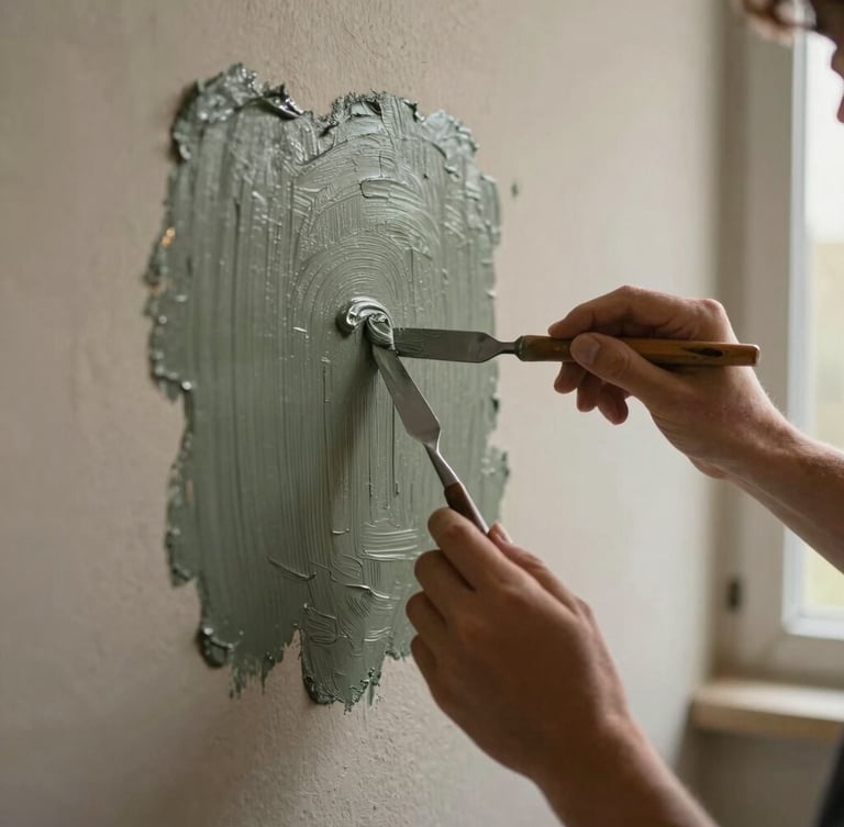 Artist hands applying thick oil paint onto a textured plaster wall with a palette knife, warm natural light, close-up