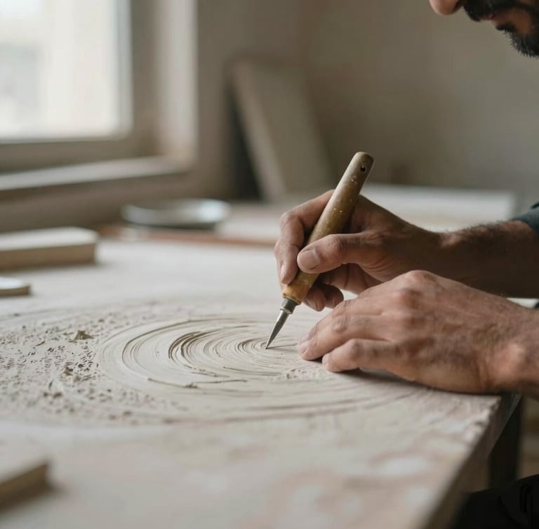 The artist's hands holding a carving tool, working on a textured plaster surface in a sunlit Cairo studio, shallow depth of field