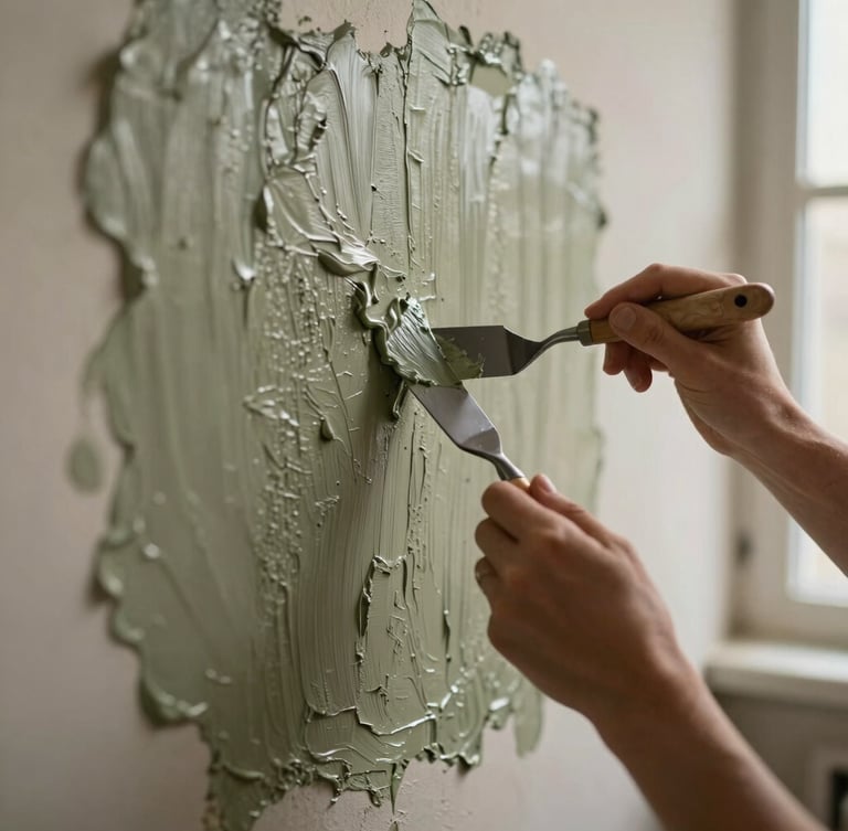 The artist's hands using a steel palette knife to apply thick oil pigment and plaster onto a heavily textured wall, warm natural light.
