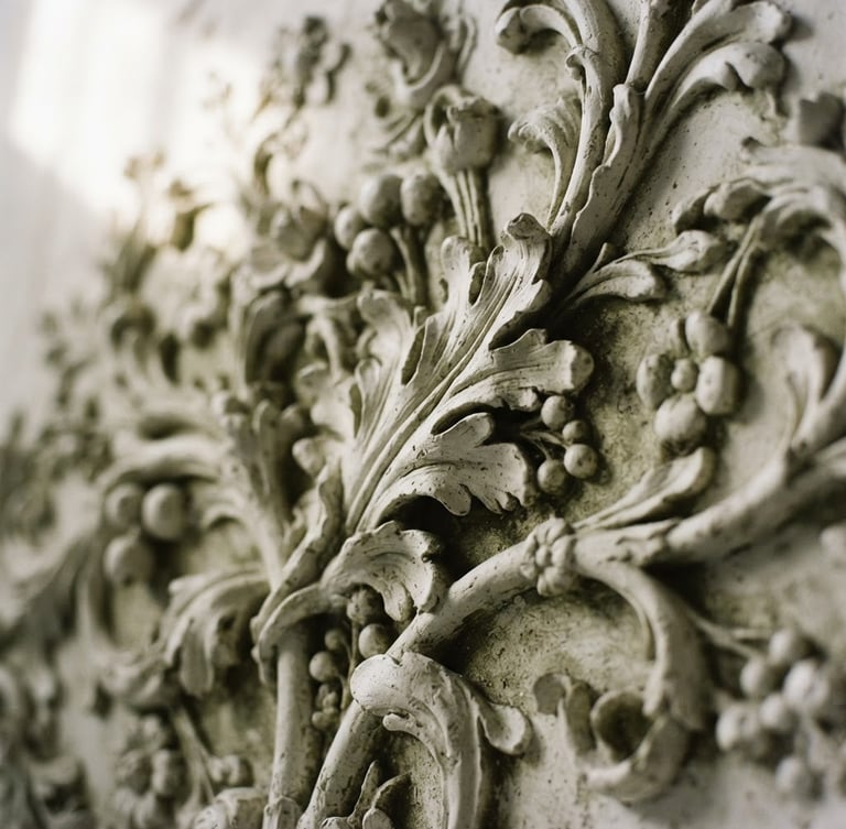 Macro detail shot of carved white plaster relief, soft natural window light casting deep shadows, warm editorial art photography, muted olive tones