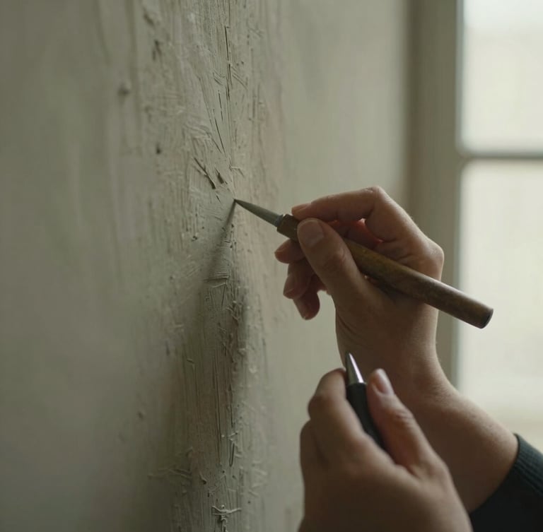 Macro close-up of Hanan Fekry's hands holding a carving tool, working on a textured plaster wall, soft side-lit window daylight, muted olive and charcoal tones, shallow depth of field.