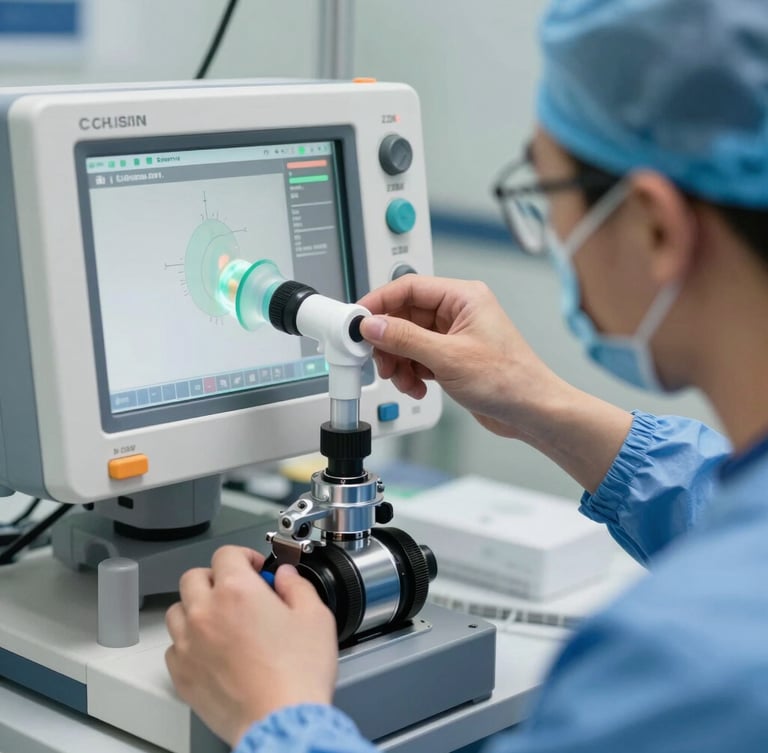 Crisp macro shot of a biomedical engineer in a sterile blue uniform calibrating a medical ventilator screen, bright clinical lighting, high contrast, focused on hands and mechanical joints.