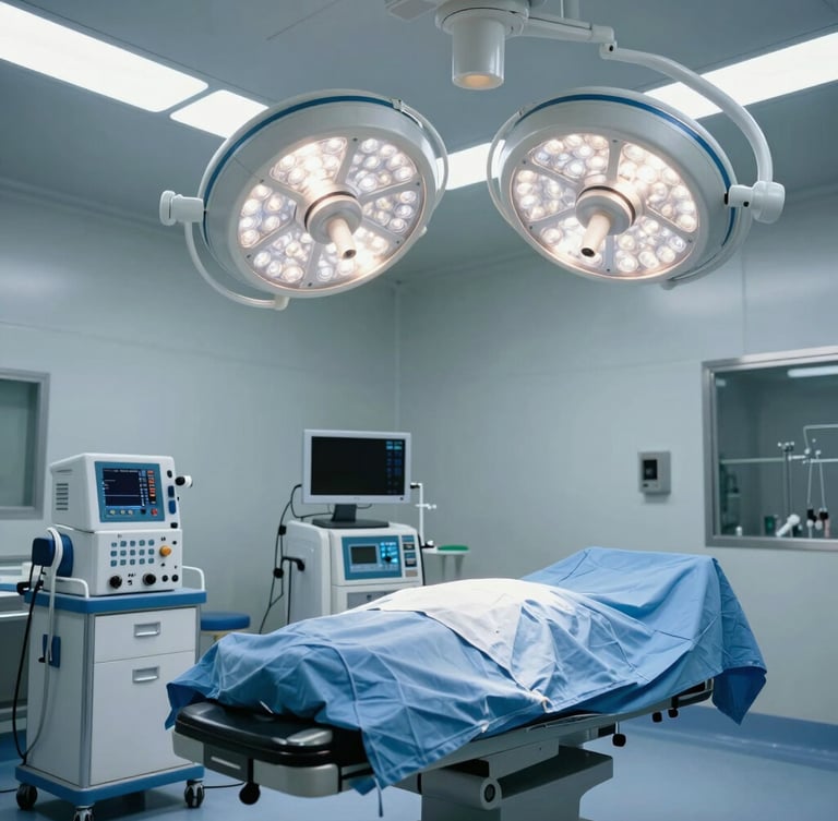 Crisp wide-angle shot of a sterile operating room with advanced surgical lights and anesthesia equipment, cool clinical lighting, negative space on the right