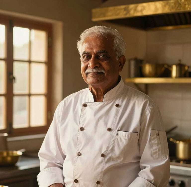 Warm editorial portrait of a senior Indian chef in a traditional kitchen, soft golden-hour side light filtering through brass windows, rich maroon and gold tones, shallow depth of field