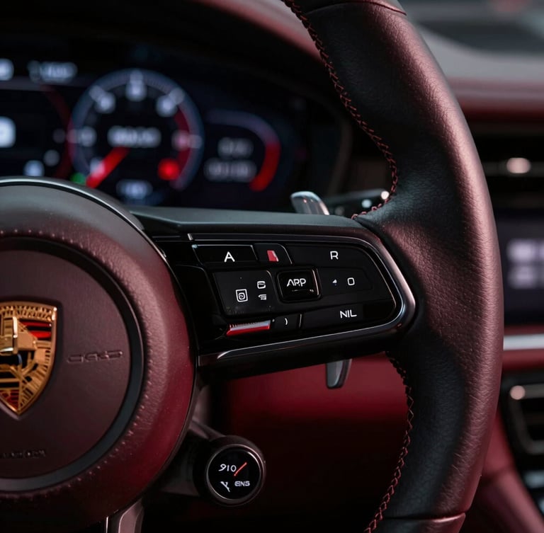 Macro extreme close-up of a premium leather steering wheel and glowing digital dashboard, high-contrast studio lighting, deep shadows, rich crimson accents, sleek automotive photography